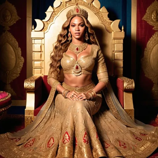 Prompt: 
​Beyonce as a gorgeous indian queen, wearing traditional indian heavy lehenga choli with lots of gold jewellery,  Sitting on a  golden throne,  high quality, detailed, indian queen elegant, vibrant colors, traditional attire, intricate embroidery, palace backdrop, cultural fusion,  professional lighting

