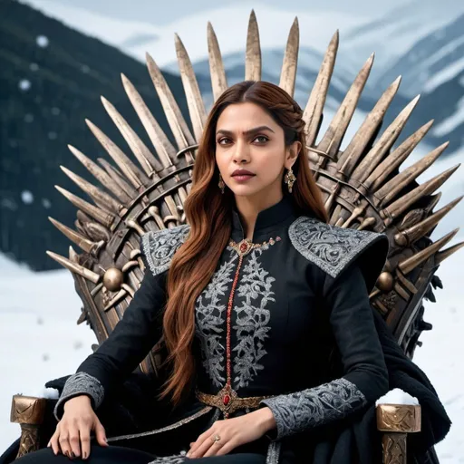 Prompt: Deepika Padukone as a Sansa Stark from the game of thrones web series wearing black attire, golden red hair with brown eyes,  sitting on iron throne in the middle of the  snowland ,  high quality, detailed queen look,  elegant vibrant colors, traditional attire, intricate embroidery, Winter Snowy backdrop,  snow everywhere cultural fusion,  professional lighting
