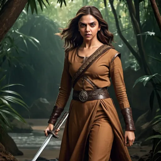 Prompt: Deepika Padukone as a Arya Stark from the game of thrones web series wearing brown combat attire, holding sword,  brownhair with brown eyes,  doing fighting action in a jungle near to sea, high quality, detailed combat fligher look,  elegant vibrant colors, traditional attire, intricate embroidery,  cultural fusion,  professional lighting

