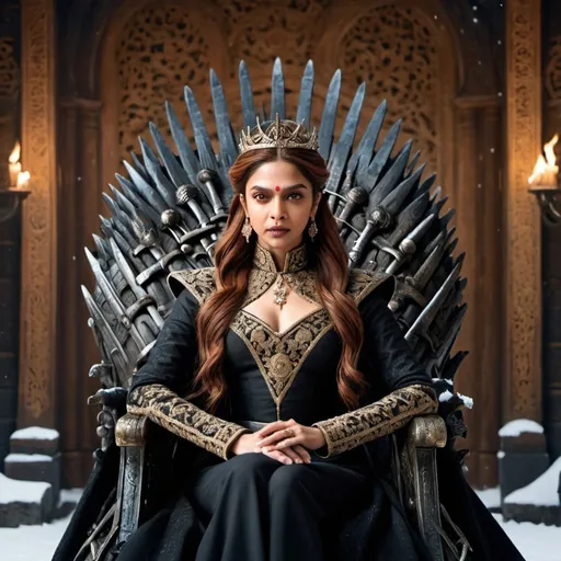 Prompt: Deepika Padukone as a Sansa Stark from the game of thrones web series wearing black attire, golden red hair with brown eyes,  sitting on iron throne,  high quality, detailed queen look,  elegant vibrant colors, traditional attire, intricate embroidery, Winter Snowy backdrop,  snow everywhere cultural fusion,  professional lighting
