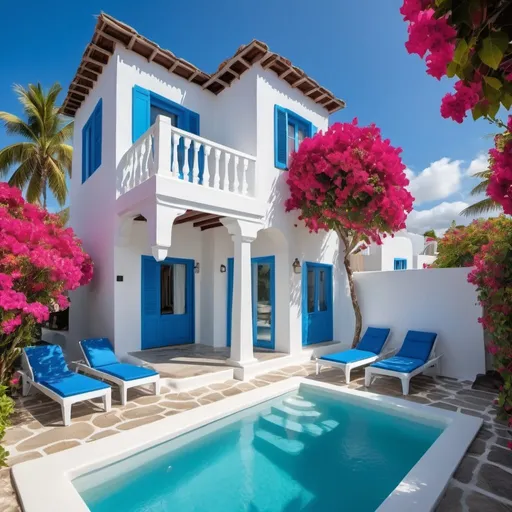 Prompt: residential area, 5 luxury two-bedroom Bruges villas, Mykonos style, blue and white details, bougainvilleas, Bonita, Las Terrenas, coconut trees, high quality, detailed, luxurious, modern architecture mixed with victorian architecture, vibrant colors, tropical, sunny, elegant landscaping