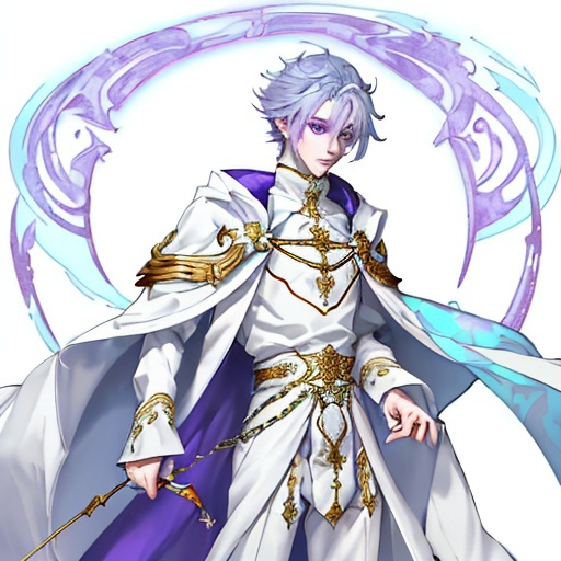 Prompt: His light blue-purple hair stands out against his white skin and gray-purple eyes. His cool white skin seemed to create a calm and soft feeling, like an ethereal or ethereal feeling. He wore an ornate purple and white outfit with gold trim and a red cloak trailing behind him. His long, pointed tail is curled behind him