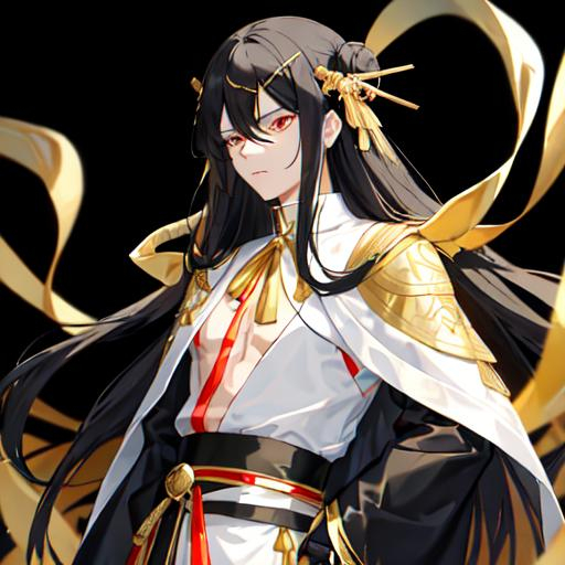 Prompt: His long black hair was wrapped in cloth, leaving two bunches of golden ribbons. One of his bangs on the right side is blonde. There are two golden hairpins in his black bun. He has golden eyes. He was wearing a three-layered robe of white, black and gold, with a golden belt tied around his waist and a knife in it. His neck and hands were tied with red ribbons.