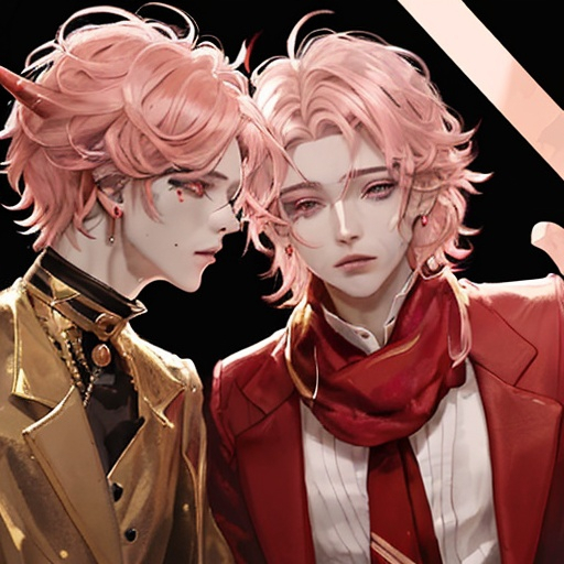 Prompt: He has short golden hair that is as bright as the sun. His hair is tied into a knot and looks a bit messy, but it is still fashionable. His hair on the left and right sides was slightly raised. His hair had a blood red highlight on the right side. His left eye is pink and his right eye is blood red. He has a translucent horn with blood-red liquid inside. He wears a candy-shaped pink earring on his left ear. He is wearing a pink scarf.