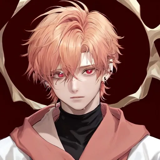 Prompt: He has short golden hair that is as bright as the sun. His hair is tied into a knot and looks a bit messy, but it is still fashionable. His hair on the left and right sides was slightly raised. His hair had a blood red highlight on the right side. His left eye is pink and his right eye is blood red. He has a translucent horn with blood-red liquid inside. He wears a candy-shaped pink earring on his left ear. He is wearing a pink scarf.