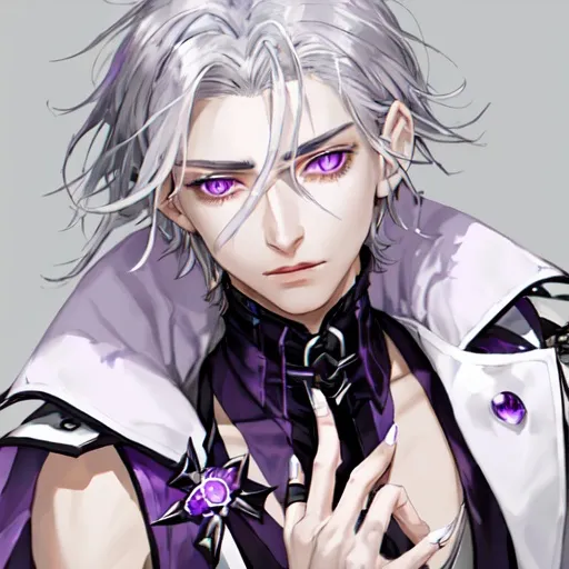 Prompt: He has sharp silver-gray hair and eyes, cold white skin, amethyst decoration, and purple nails. He was wearing a lavender coat with a sleeveless high-necked waistless top. He has fingerless gloves.