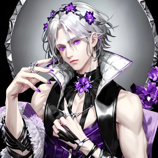 Prompt: He has sharp silver-gray hair and eyes, cold white skin, amethyst decoration, and purple nails. He was wearing a lavender coat with a sleeveless high-necked waistless top. He has fingerless gloves.