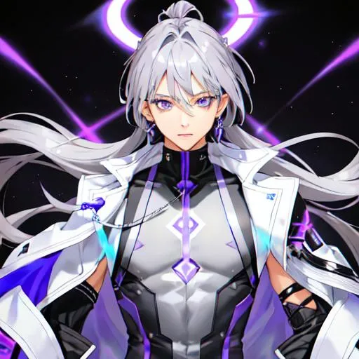 Prompt: He has light blue-purple to gray hair, gray-to-gray lavender eyes, cool white skin, and lavender purple nails.
He wears a light gray-purple coat with dark blue-purple trimmings, a purple-black sleeveless high-necked waistless top, white and purple fingerless gloves (with amethyst decoration in the middle), and black tight trousers.