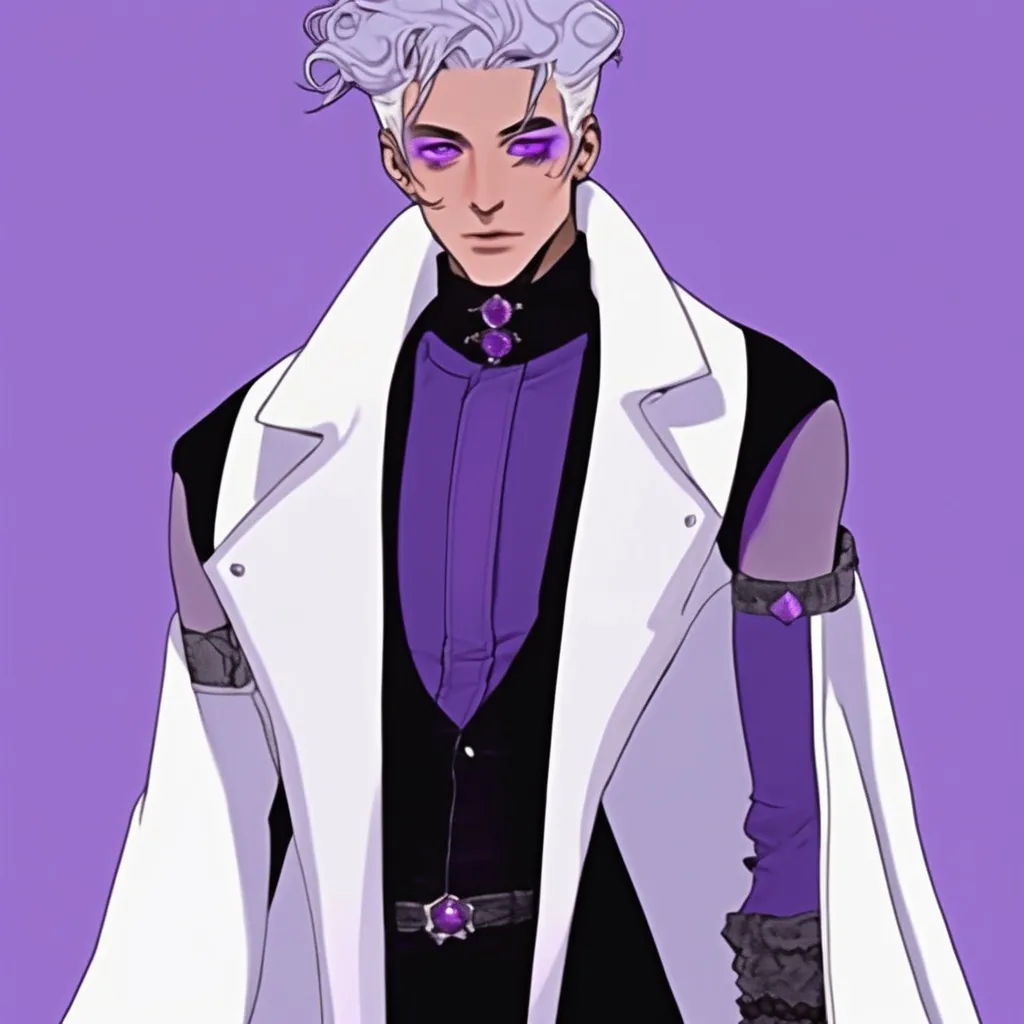 Prompt: He has light blue-purple to gray hair, gray-to-gray lavender eyes, cool white skin, and lavender purple nails.
He wears a light gray-purple coat with dark blue-purple trimmings, a purple-black sleeveless high-necked waistless top, white and purple fingerless gloves (with amethyst decoration in the middle), and black tight trousers.