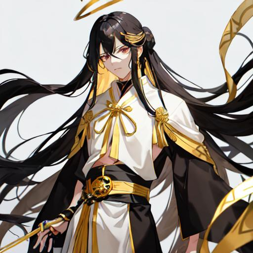 Prompt: His long black hair was wrapped in cloth, leaving two bunches of golden ribbons. One of his bangs on the right side is blonde. There are two golden hairpins in his black bun. He has golden eyes. He was wearing a three-layered robe of white, black and gold, with a golden belt tied around his waist and a knife in it. His neck and hands were tied with red ribbons.