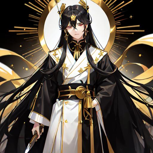 Prompt: His long black hair was wrapped in cloth, leaving two bunches of golden ribbons. One of his bangs on the right side is blonde. There are two golden hairpins in his black bun. He has golden eyes. He was wearing a three-layered robe of white, black and gold, with a golden belt tied around his waist and a knife in it. His neck and hands were tied with red ribbons.