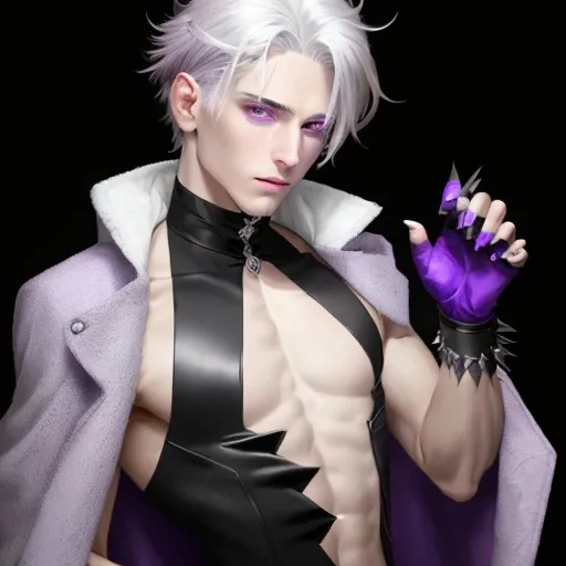 Prompt: He has sharp silver-gray hair and eyes, cold white skin, amethyst decoration, and purple nails. He was wearing a lavender coat with a sleeveless high-necked waistless top. He has fingerless gloves.