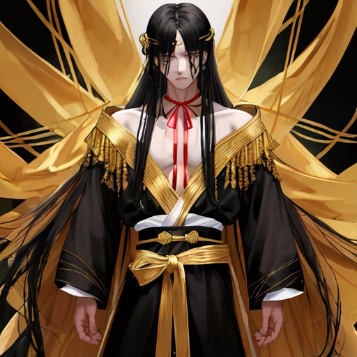 Prompt: His long black hair was wrapped in cloth, leaving two bunches of golden ribbons. One of his bangs on the right side is blonde. There are two golden hairpins in his black bun. He has golden eyes. He was wearing a three-layered robe of white, black and gold, with a golden belt tied around his waist and a knife in it. His neck and hands were tied with red ribbons.