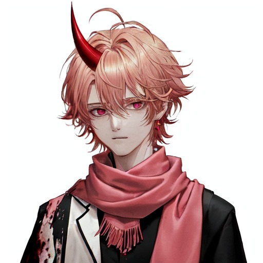 Prompt: He has short golden hair that is as bright as the sun. His hair is tied into a knot and looks a bit messy, but it is still fashionable. His hair on the left and right sides was slightly raised. His hair had a blood red highlight on the right side. His left eye is pink and his right eye is blood red. He has a translucent horn with blood-red liquid inside. He wears a candy-shaped pink earring on his left ear. He is wearing a pink scarf.