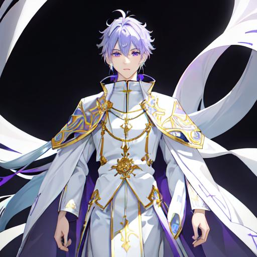 Prompt: His light blue-purple hair stands out against his white skin and gray-purple eyes. His cool white skin seemed to create a calm and soft feeling, like an ethereal or ethereal feeling. He wore an ornate purple and white outfit with gold trim and a red cloak trailing behind him. His long, pointed tail is curled behind him