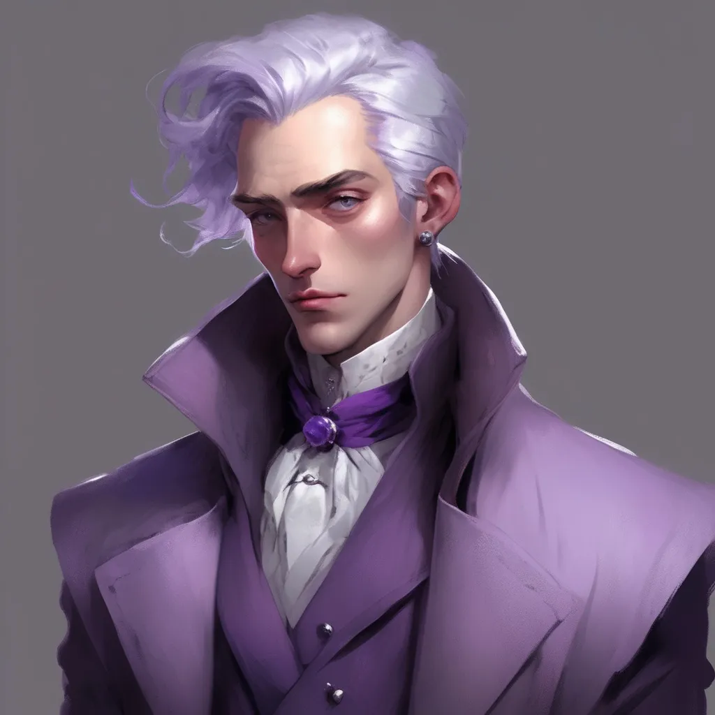 Prompt: He has sharp silver-gray hair and eyes, cold white skin, amethyst decoration, and purple nails. He was wearing a lavender coat with a sleeveless high-necked waistless top. He has fingerless gloves.