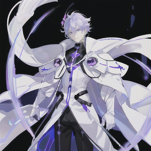 Prompt: His light blue-purple hair stands out against his white skin and gray-purple eyes. His cool white skin seemed to create a calm and soft feeling, like an ethereal or ethereal feeling. He wore an ornate purple and white outfit with gold trim and a red cloak trailing behind him. His long, pointed tail is curled behind him