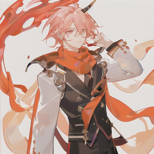 Prompt: He has short golden hair that is as bright as the sun. His hair is tied into a knot and looks a bit messy, but it is still fashionable. His hair on the left and right sides was slightly raised. His hair had a blood red highlight on the right side. His left eye is pink and his right eye is blood red. He has a translucent horn with blood-red liquid inside. He wears a candy-shaped pink earring on his left ear. He is wearing a pink scarf.