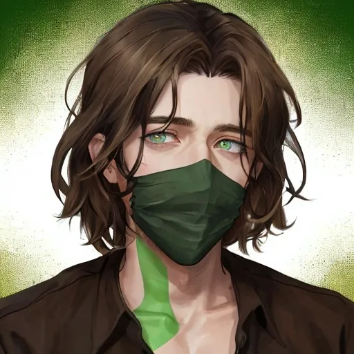 Prompt: He has brown hair and dark green pupils. His face was covered with colorful bandages.