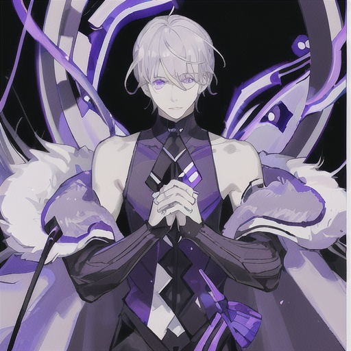 Prompt: He has sharp silver-gray hair and eyes, cold white skin, amethyst decoration, and purple nails. He was wearing a lavender coat with a sleeveless high-necked waistless top. He has fingerless gloves.