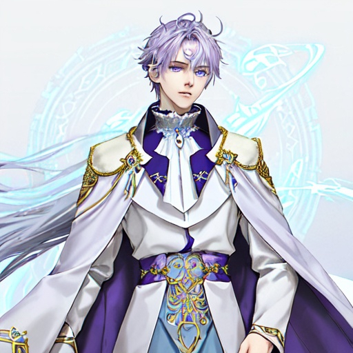 Prompt: His light blue-purple hair stands out against his white skin and gray-purple eyes. His cool white skin seemed to create a calm and soft feeling, like an ethereal or ethereal feeling. He wore an ornate purple and white outfit with gold trim and a red cloak trailing behind him. His long, pointed tail is curled behind him