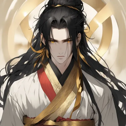 Prompt: His long black hair was wrapped in cloth, leaving two bunches of golden ribbons. One of his bangs on the right side is blonde. There are two golden hairpins in his black bun. He has golden eyes. He was wearing a three-layered robe of white, black and gold, with a golden belt tied around his waist and a knife in it. His neck and hands were tied with red ribbons.