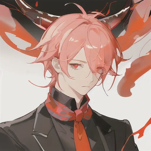 Prompt: He has short golden hair that is as bright as the sun. His hair is tied into a knot and looks a bit messy, but it is still fashionable. His hair on the left and right sides was slightly raised. His hair had a blood red highlight on the right side. His left eye is pink and his right eye is blood red. He has a translucent horn with blood-red liquid inside. He wears a candy-shaped pink earring on his left ear. He is wearing a pink scarf.