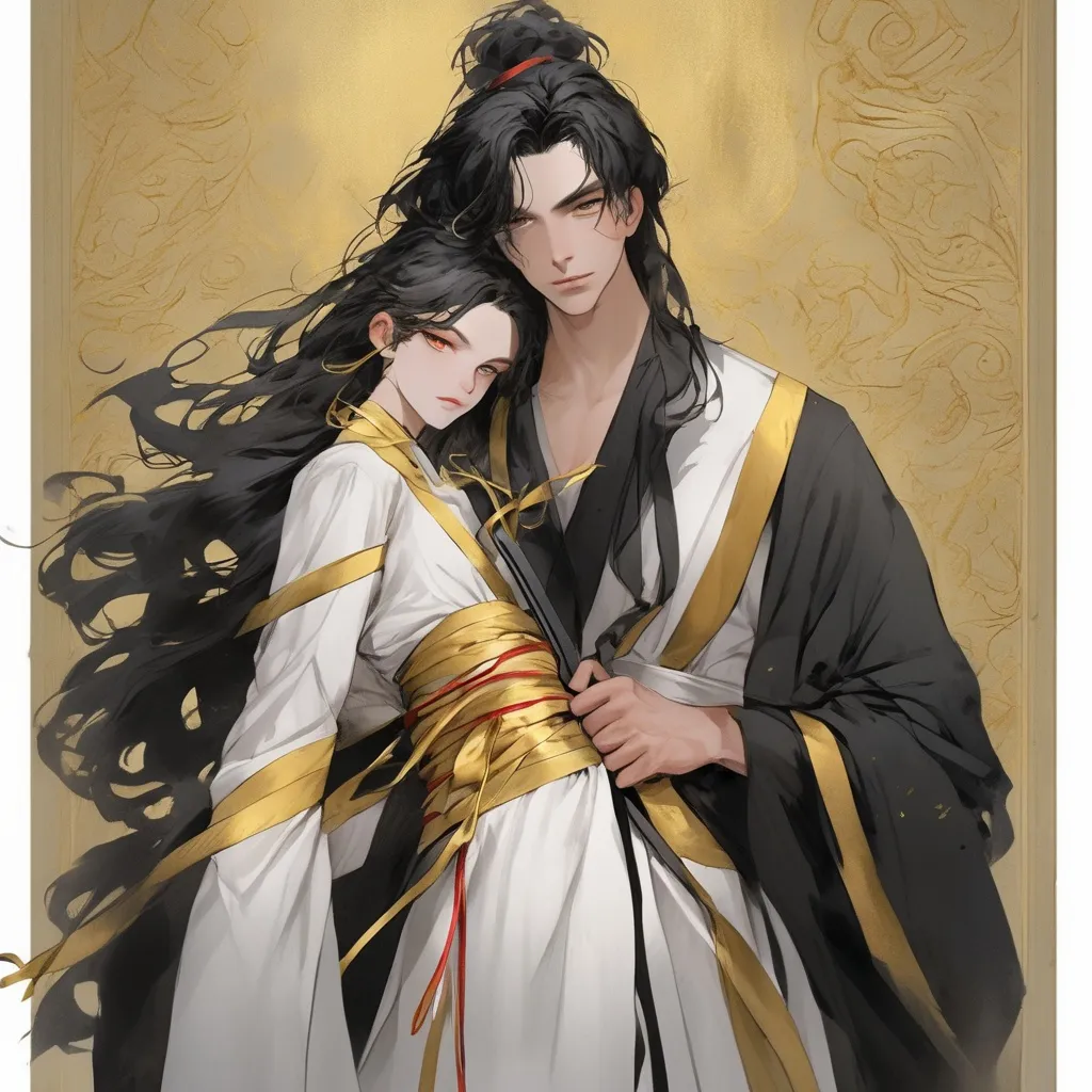 Prompt: His long black hair was wrapped in cloth, leaving two bunches of golden ribbons. One of his bangs on the right side is blonde. There are two golden hairpins in his black bun. He has golden eyes. He was wearing a three-layered robe of white, black and gold, with a golden belt tied around his waist and a knife in it. His neck and hands were tied with red ribbons.