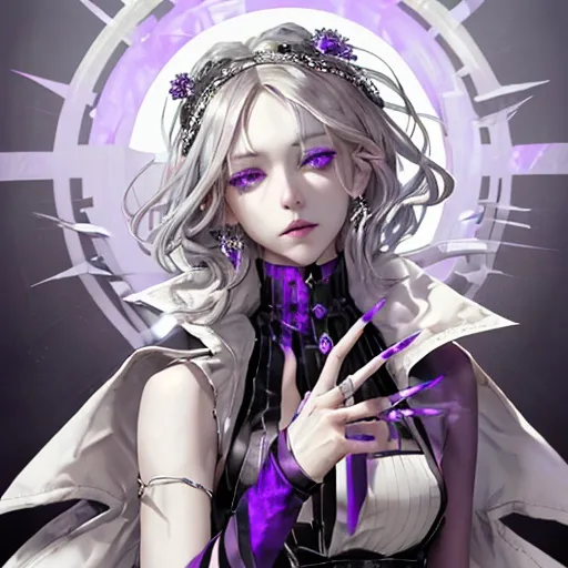 Prompt: He has sharp silver-gray hair and eyes, cold white skin, amethyst decoration, and purple nails. He was wearing a lavender coat with a sleeveless high-necked waistless top. He has fingerless gloves.