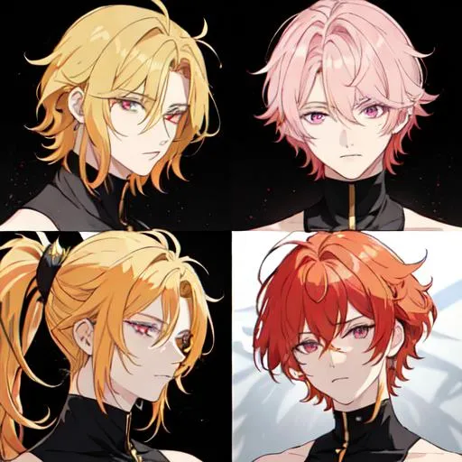 Prompt: He has short golden hair that is as bright as the sun. His hair is tied into a knot and looks a bit messy, but it is still fashionable. His hair on the left and right sides was slightly raised. His hair had a blood red highlight on the right side. His left eye is pink and his right eye is blood red. He has a translucent horn with blood-red liquid inside. He wears a candy-shaped pink earring on his left ear. He is wearing a pink scarf.