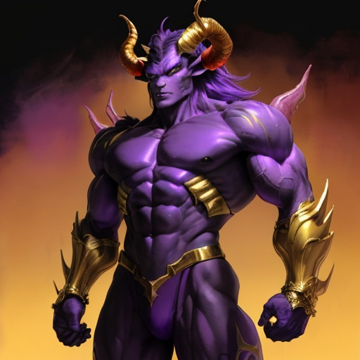 Prompt: He is a muscular humanoid alien with a purple complexion, a long tail, horns, clawed hands and feet, and wears his signature golden armor with purple and red gear.