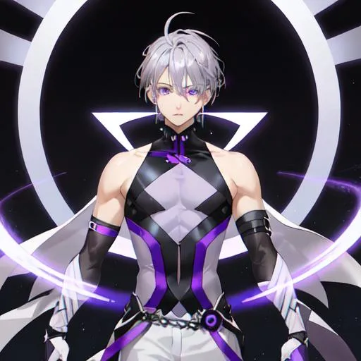 Prompt: He has light blue-purple to gray hair, gray-to-gray lavender eyes, cool white skin, and lavender purple nails.
He wears a light gray-purple coat with dark blue-purple trimmings, a purple-black sleeveless high-necked waistless top, white and purple fingerless gloves (with amethyst decoration in the middle), and black tight trousers.