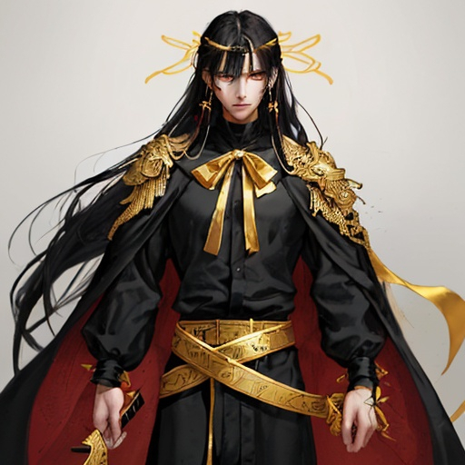 Prompt: His long black hair was wrapped in cloth, leaving two bunches of golden ribbons. One of his bangs on the right side is blonde. There are two golden hairpins in his black bun. He has golden eyes. He was wearing a three-layered robe of white, black and gold, with a golden belt tied around his waist and a knife in it. His neck and hands were tied with red ribbons.