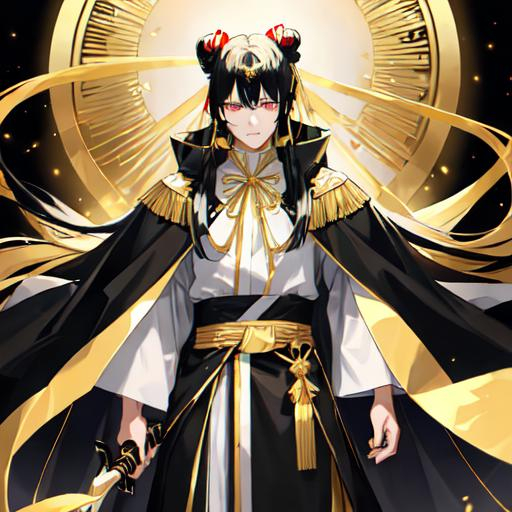 Prompt: His long black hair was wrapped in cloth, leaving two bunches of golden ribbons. One of his bangs on the right side is blonde. There are two golden hairpins in his black bun. He has golden eyes. He was wearing a three-layered robe of white, black and gold, with a golden belt tied around his waist and a knife in it. His neck and hands were tied with red ribbons.