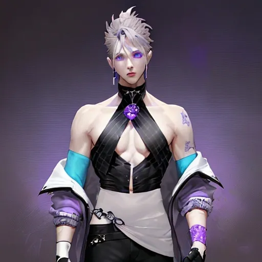 Prompt: He has light blue-purple to gray hair, gray-to-gray lavender eyes, cool white skin, and lavender purple nails.
He wears a light gray-purple coat with dark blue-purple trimmings, a purple-black sleeveless high-necked waistless top, white and purple fingerless gloves (with amethyst decoration in the middle), and black tight trousers.