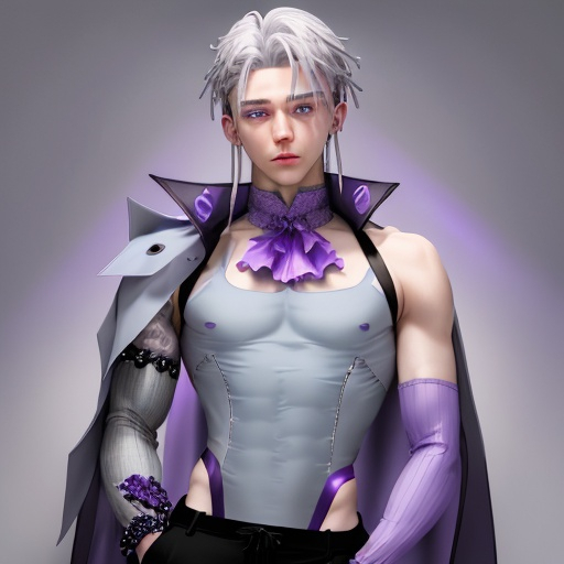 Prompt: He has light blue-purple to gray hair, gray-to-gray lavender eyes, cool white skin, and lavender purple nails.
He wears a light gray-purple coat with dark blue-purple trimmings, a purple-black sleeveless high-necked waistless top, white and purple fingerless gloves (with amethyst decoration in the middle), and black tight trousers.