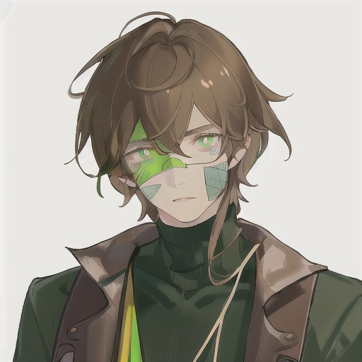 Prompt: He has brown hair and dark green pupils. His face was covered with colorful bandages.