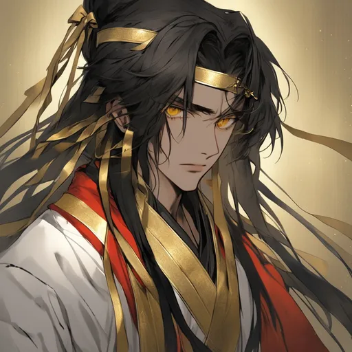 Prompt: His long black hair was wrapped in cloth, leaving two bunches of golden ribbons. One of his bangs on the right side is blonde. There are two golden hairpins in his black bun. He has golden eyes. He was wearing a three-layered robe of white, black and gold, with a golden belt tied around his waist and a knife in it. His neck and hands were tied with red ribbons.