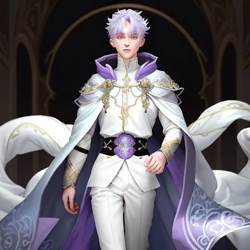 Prompt: His light blue-purple hair stands out against his white skin and gray-purple eyes. His cool white skin seemed to create a calm and soft feeling, like an ethereal or ethereal feeling. He wore an ornate purple and white outfit with gold trim and a red cloak trailing behind him. His long, pointed tail is curled behind him