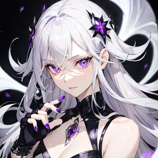 Prompt: He has sharp silver-gray hair and eyes, cold white skin, amethyst decoration, and purple nails. He was wearing a lavender coat with a sleeveless high-necked waistless top. He has fingerless gloves.