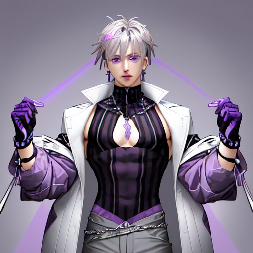 Prompt: He has light blue-purple to gray hair, gray-to-gray lavender eyes, cool white skin, and lavender purple nails.
He wears a light gray-purple coat with dark blue-purple trimmings, a purple-black sleeveless high-necked waistless top, white and purple fingerless gloves (with amethyst decoration in the middle), and black tight trousers.