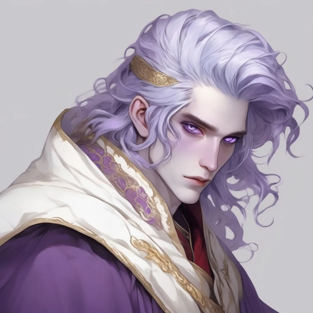 Prompt: His light blue-purple hair stands out against his white skin and gray-purple eyes. His cool white skin seemed to create a calm and soft feeling, like an ethereal or ethereal feeling. He wore an ornate purple and white outfit with gold trim and a red cloak trailing behind him. His long, pointed tail is curled behind him