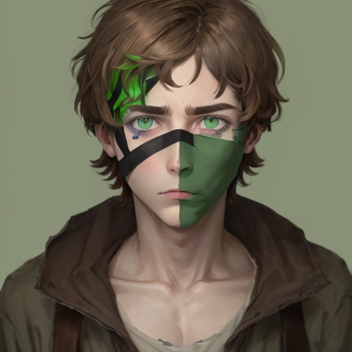 Prompt: He has brown hair and dark green pupils. His face was covered with colorful bandages.