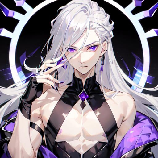 Prompt: He has sharp silver-gray hair and eyes, cold white skin, amethyst decoration, and purple nails. He was wearing a lavender coat with a sleeveless high-necked waistless top. He has fingerless gloves.