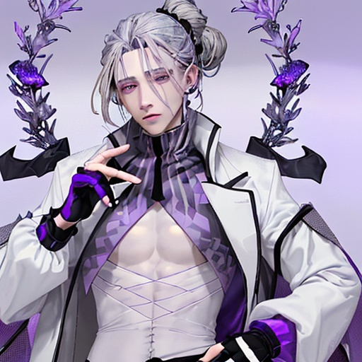 Prompt: He has light blue-purple to gray hair, gray-to-gray lavender eyes, cool white skin, and lavender purple nails.
He wears a light gray-purple coat with dark blue-purple trimmings, a purple-black sleeveless high-necked waistless top, white and purple fingerless gloves (with amethyst decoration in the middle), and black tight trousers.