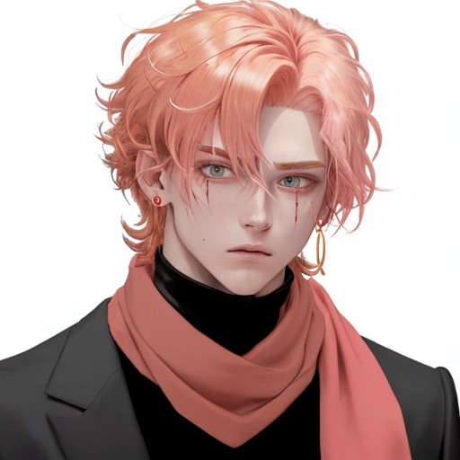 Prompt: He has short golden hair that is as bright as the sun. His hair is tied into a knot and looks a bit messy, but it is still fashionable. His hair on the left and right sides was slightly raised. His hair had a blood red highlight on the right side. His left eye is pink and his right eye is blood red. He has a translucent horn with blood-red liquid inside. He wears a candy-shaped pink earring on his left ear. He is wearing a pink scarf.