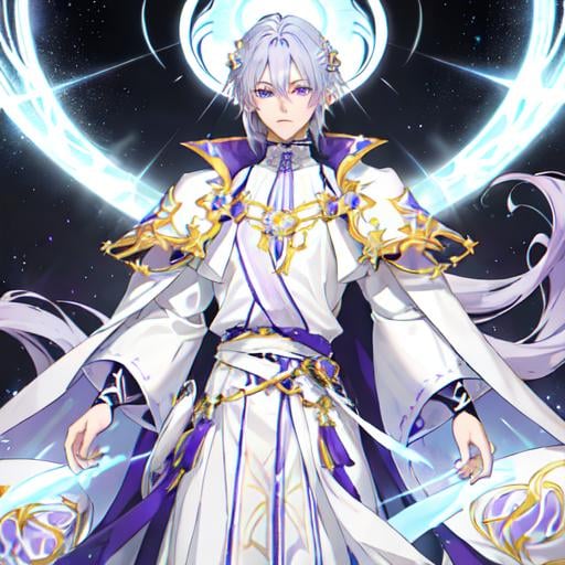 Prompt: His light blue-purple hair stands out against his white skin and gray-purple eyes. His cool white skin seemed to create a calm and soft feeling, like an ethereal or ethereal feeling. He wore an ornate purple and white outfit with gold trim and a red cloak trailing behind him. His long, pointed tail is curled behind him