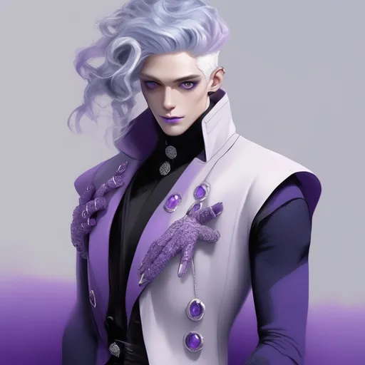 Prompt: He has light blue-purple to gray hair, gray-to-gray lavender eyes, cool white skin, and lavender purple nails.
He wears a light gray-purple coat with dark blue-purple trimmings, a purple-black sleeveless high-necked waistless top, white and purple fingerless gloves (with amethyst decoration in the middle), and black tight trousers.