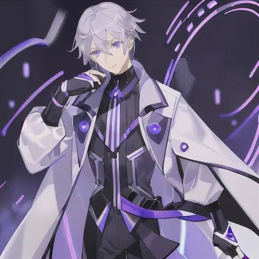 Prompt: He has light blue-purple to gray hair, gray-to-gray lavender eyes, cool white skin, and lavender purple nails.
He wears a light gray-purple coat with dark blue-purple trimmings, a purple-black sleeveless high-necked waistless top, white and purple fingerless gloves (with amethyst decoration in the middle), and black tight trousers.