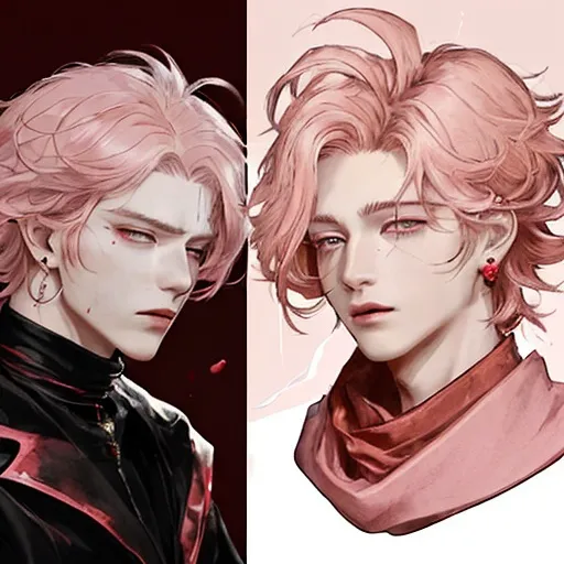 Prompt: He has short golden hair that is as bright as the sun. His hair is tied into a knot and looks a bit messy, but it is still fashionable. His hair on the left and right sides was slightly raised. His hair had a blood red highlight on the right side. His left eye is pink and his right eye is blood red. He has a translucent horn with blood-red liquid inside. He wears a candy-shaped pink earring on his left ear. He is wearing a pink scarf.